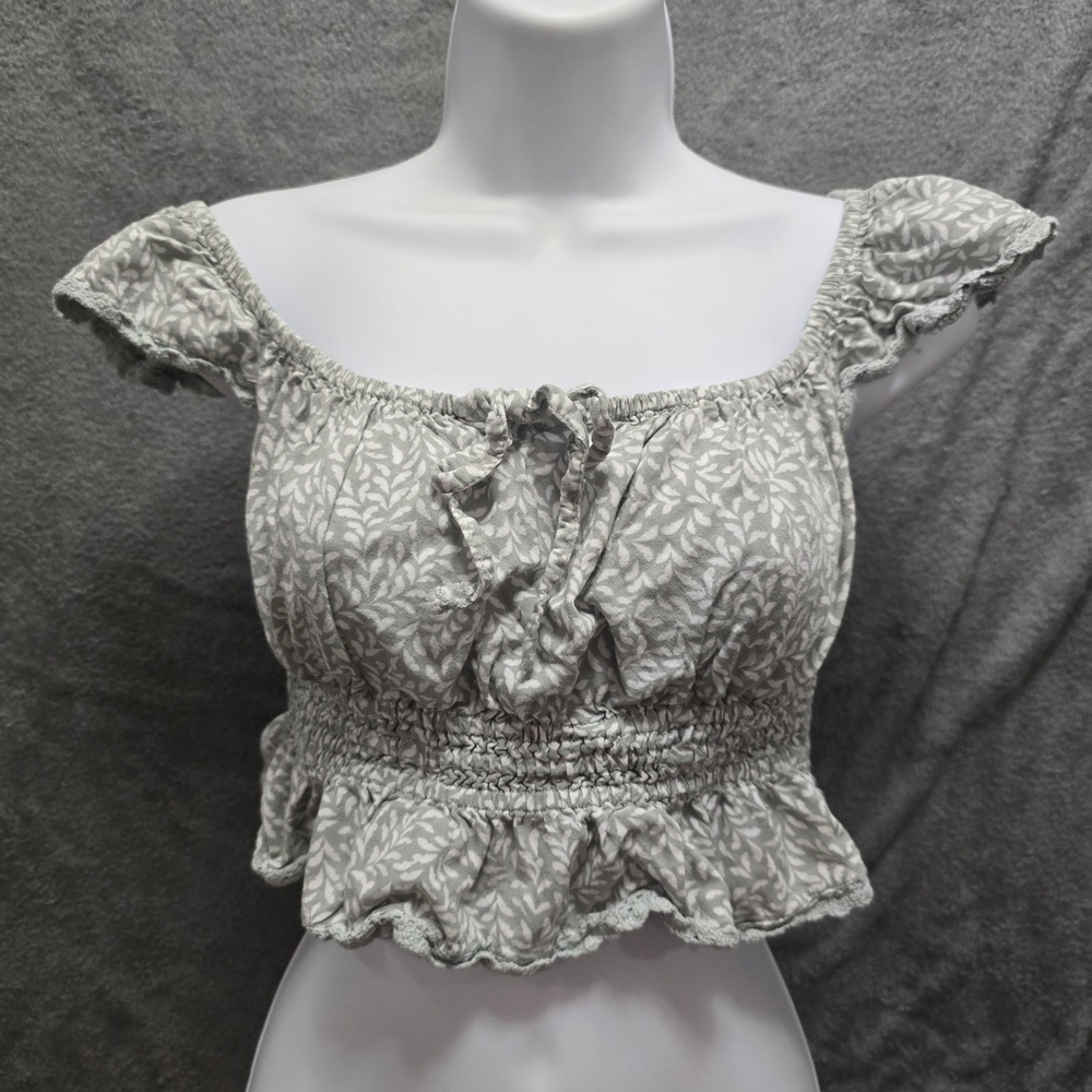 Women Sage Green Leaf Print Smocked Waist Crop Top Festival Fairycore Size Small